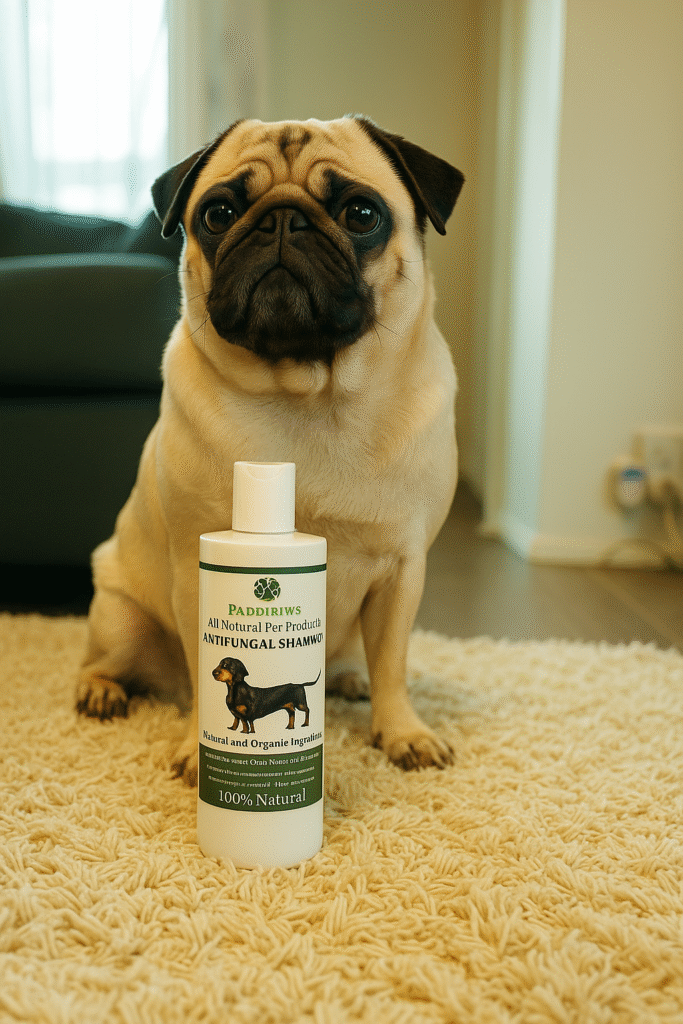 Pug next to the shampoo she use